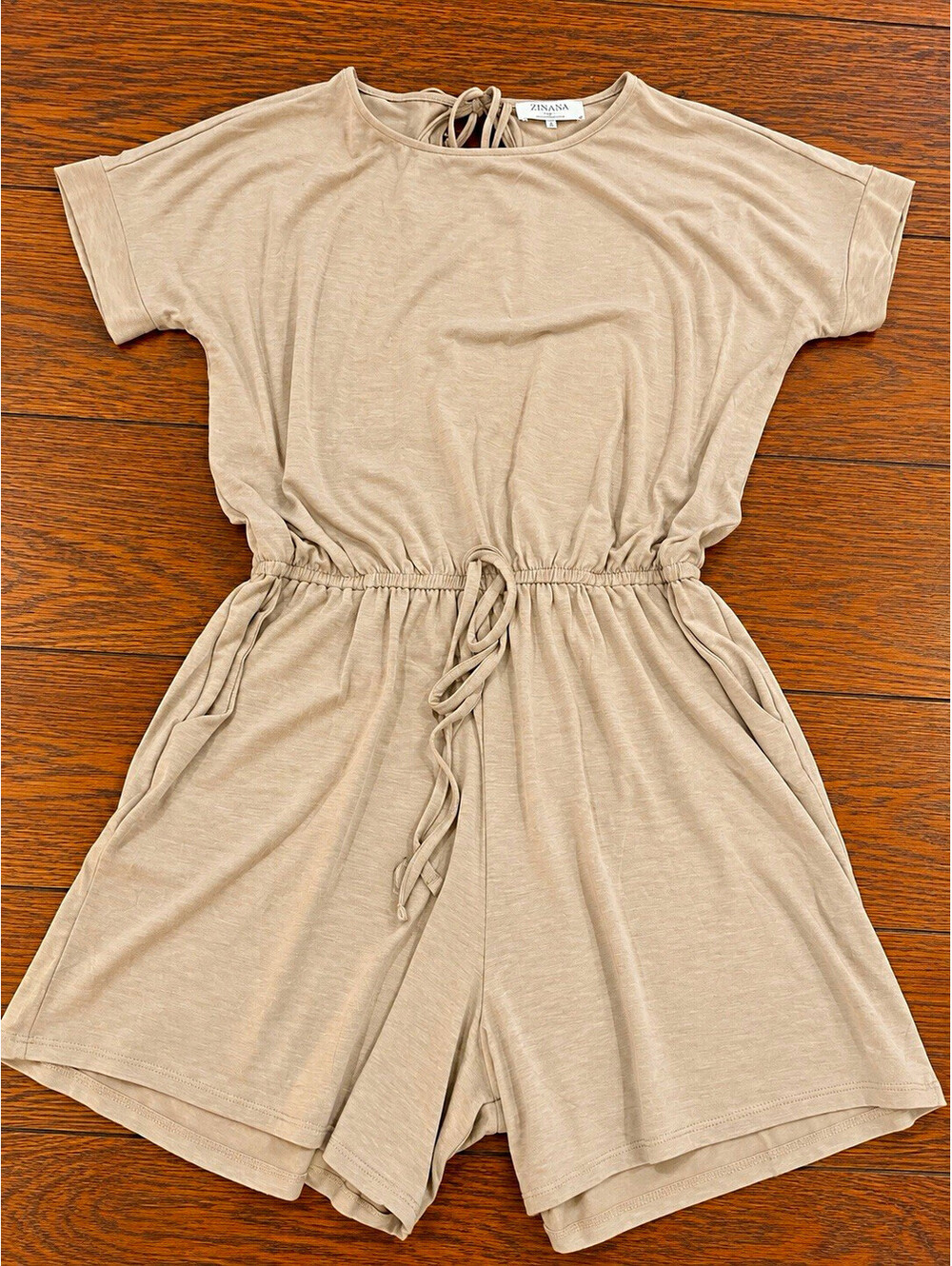 Women's Beige Solid Knit Romper XL Round Neck Elastic Drawstring Pockets